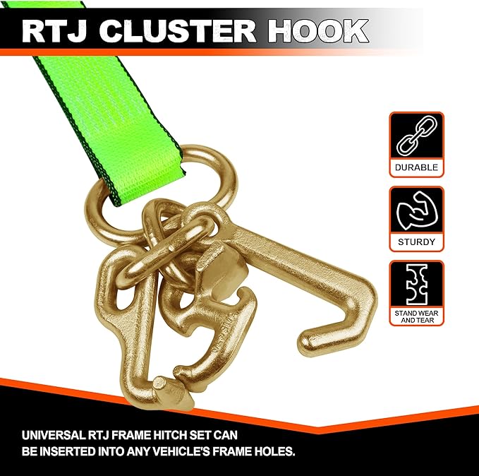 2" x 12' RTJ Cluster Hook Ratchet Straps with 8 Point Chain, 4 Pack - Heavy Duty Tow Strap for Trucks, Trailers, and Car Haulers - Wheel Tie Down Straps for Tow Trucks & Auto Transport