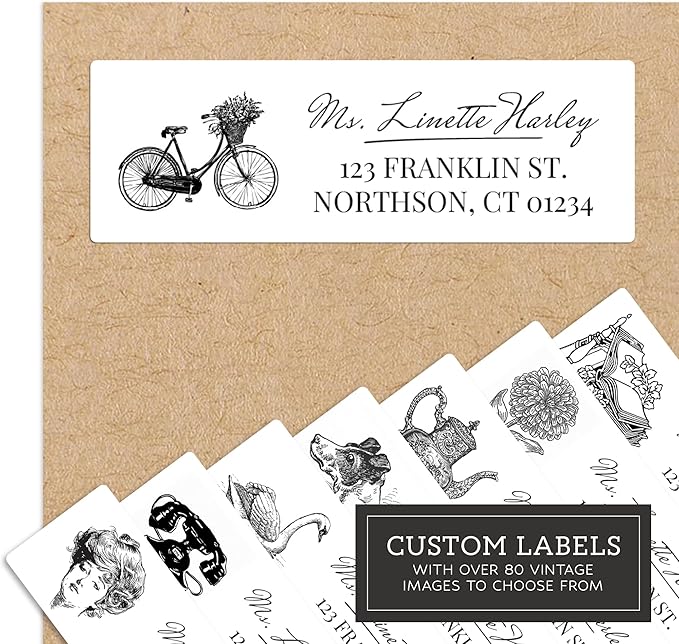 Personalized Return Address Labels - Vintage Elements - Over 80 Images to Choose from - Custom Self Adhesive Stickers for Envelopes (60-960 Labels) (Black & White Elegant Style)