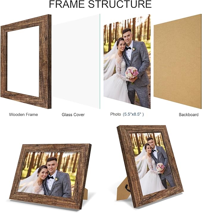 5.5 x 8.5 Diploma Frame Set of 4, Made of Real Glass and Rustic Brown Frame, 5.5 by 8.5 Photo for Wall or Tabletop