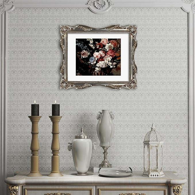 Silver Ornate 11x14 Picture Frame with Mat for 8x10 or 11x14 Photos, Real Glass, Vintage Baroque Victorian Frames for Wall Display