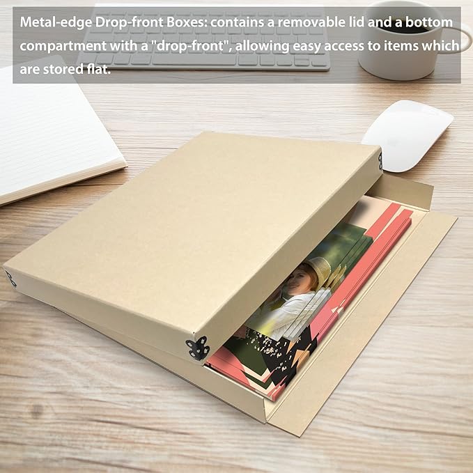 Golden State Art, Archival Storage Box, Acid-Free Drop Front Museum Box with Metal Edge for Storing Artwork Photos Documents Prints Arts And Crafts (Tan-11.75x14.75x1.5 Inches)