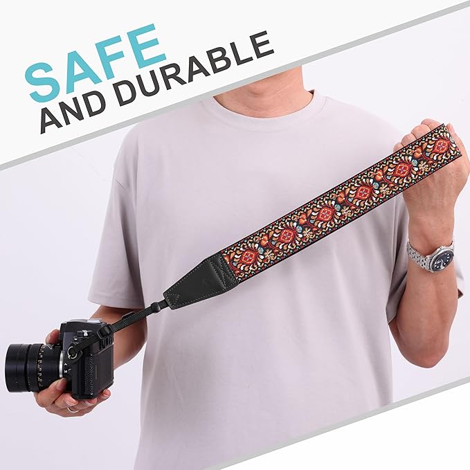 Padwa Lifestyle Red Flower Camera Strap - 2" Full Grain Leather Ends Camera Straps for Photographers, Vintage Embroidered Cotton Weave Soft Suede Fabric Padded Strap Quick Release fits All Cameras