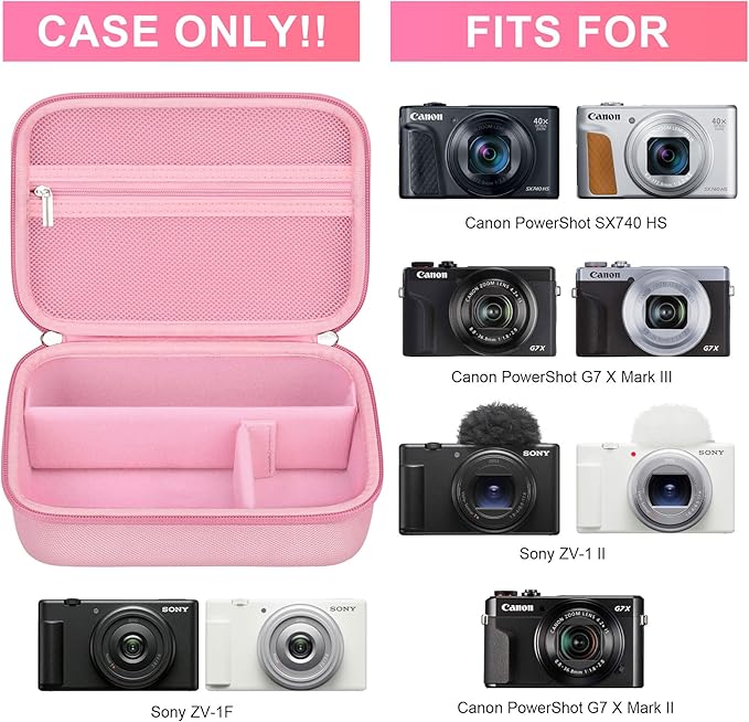 BOVKE Carrying Case for Canon G7X Mark III Mark II, PowerShot SX740 SX730, Sony ZV-1 II/ZV-1F Compact 4K Vlogging Digital Camera Travel Storage Bag for Tripod Microphone Cameras Accessory, Pink