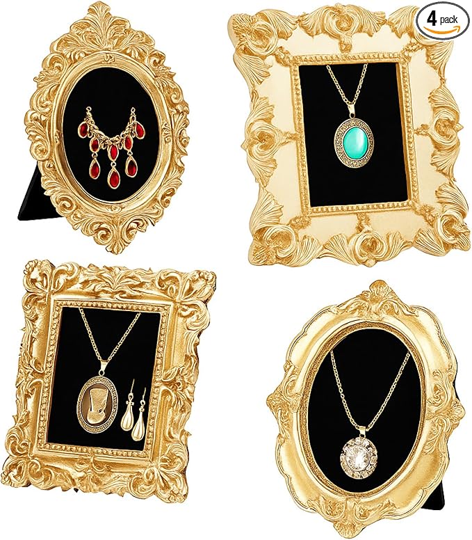 4 Pcs Mini Vintage Jewelry Display Stand Baroque Gold Picture Frame Necklace Earrings Holder Jewelry Photography Props Organizer with Velvet Backing Antique Decor for Wedding Women Gift