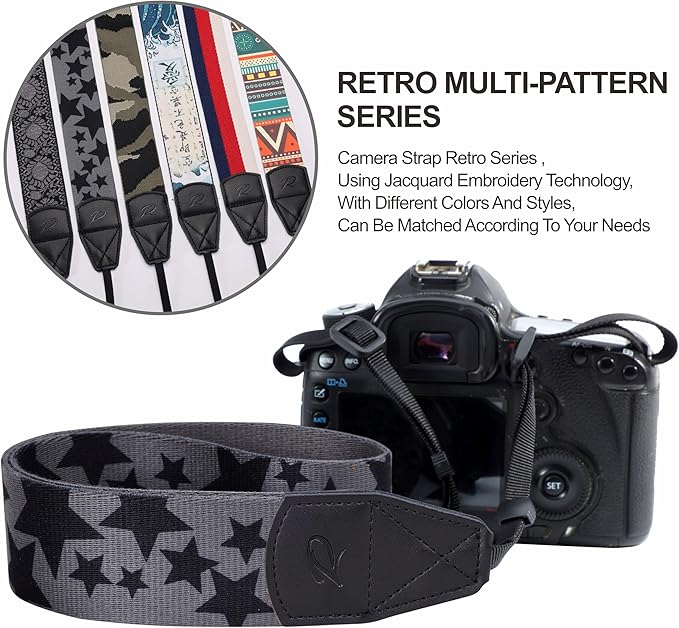 Padwa Lifestyle Pentagram Camera Strap - 2" Wide Genuine Leather Ends Camera Straps for Photographers, Vintage Five-Pointed Stars Print Nylon Weave Strap with Camera Quick Release fits All Cameras