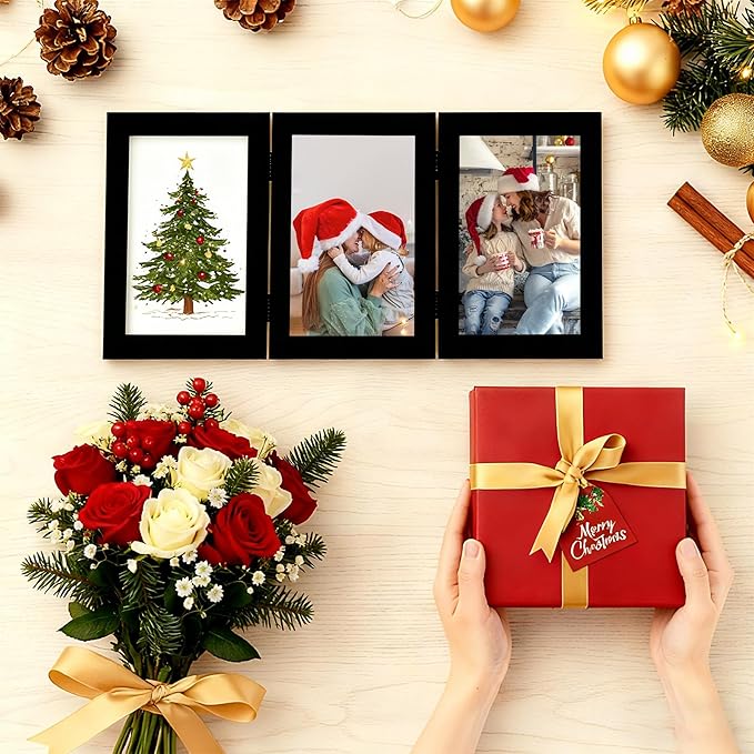 decorUhome Triple 4x4 Picture Frame Vertical, Engineered Wood Trifold Photo Frame with Plexiglass for Tabletop Display, 4x4, Gold