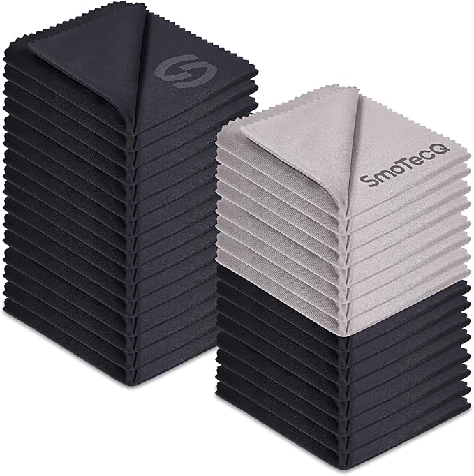 SmoTecQ 32 Pack Microfiber Lens Cleaning Cloths – Ultra-Soft, Scratch-Free Eyeglass Cloths for Glasses, Screens & Camera Lenses – Black + Grey (7×6 in)