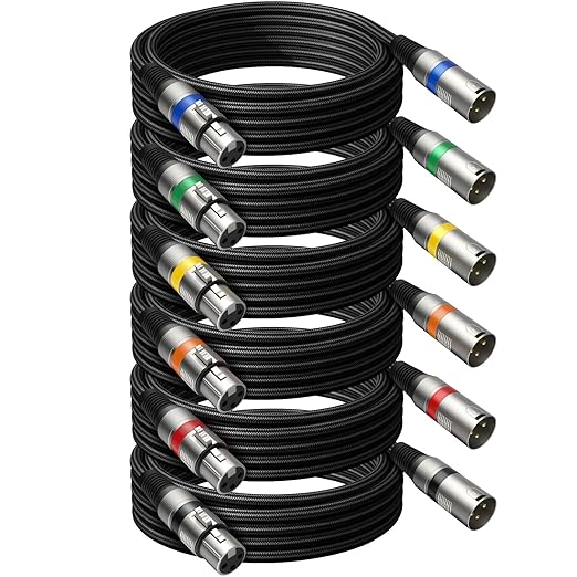 Professional 6 Pack 10FT XLR Cables, Noise Free and Long-Lasting Braided XLR Microphone Cable, All Copper Conductors Balanced Male to Female Mic Cable for Studio Monitor, Mixer, DMX, Colorful