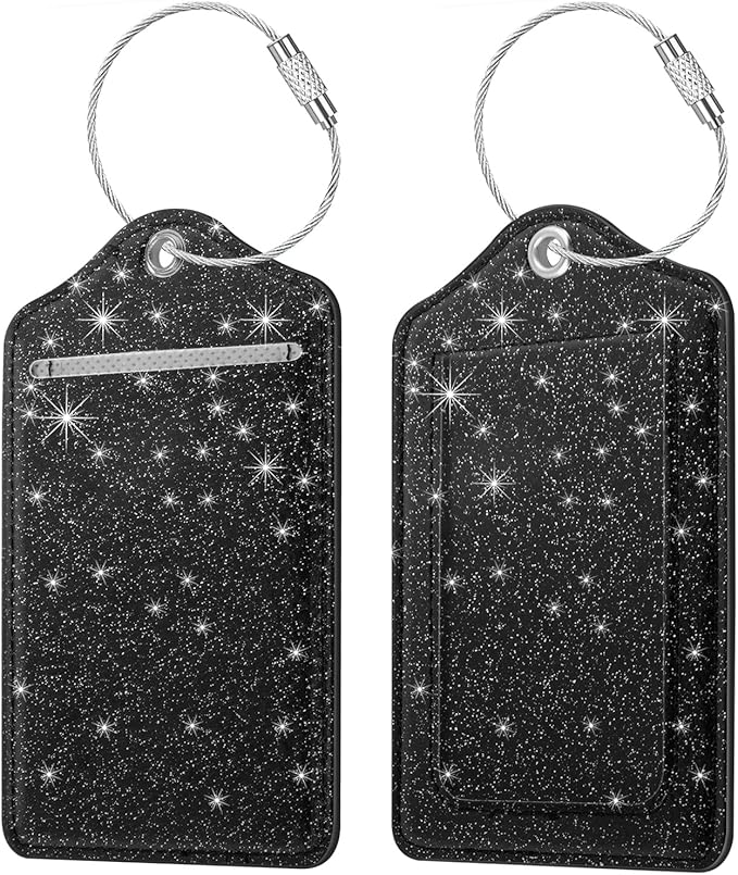 (Set of 2) Luggage Tag Leather Privacy Cover ID Label Address Card with Stainless Steel Loop, Travel Bag Tags Suitcase Labels, Black Glitter