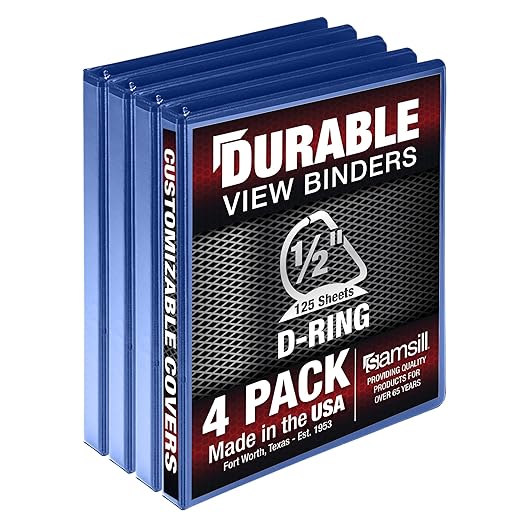 Samsill Durable 0.5 Inch Binder, Made in USA, D Ring Binder, FSC 100% Recycled Chipboard, Blue, 4 Pack