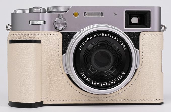 Camera Case for Fujifilm X100VI,UChandmade Genuine Leather Camera Half Case for Fujifilm X100VI - Top Layer Cowhide Body Metal Base Plate Hand Shank 3-in-1 Design (Creamy White)