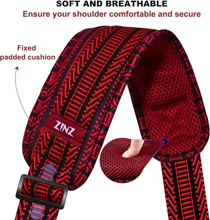 ZINZ 75" Shoulder Strap with Fixed Pad and Dual Balanced Buckles，Black Red Jacquard