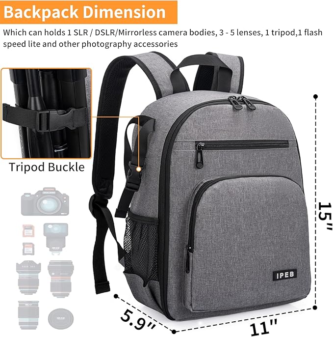 IPEB Camera Backpack for DSLR/SLR/Mirrorless Bag Professional Waterproof Camera Case 11"X5.9"X15" for Photographers Grey Orange
