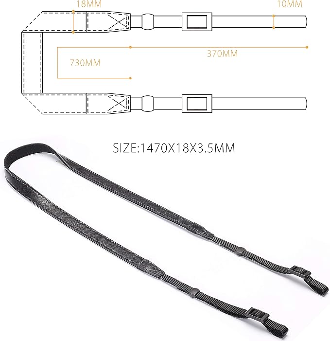 CANPIS CP008 Leather Camera Shoulder Neck Strap compatible with Canon Nikon Leica Fuji Sony Olympus etc. Black Color, Adjustable Length, Slim with Flocking Comfortable Pad