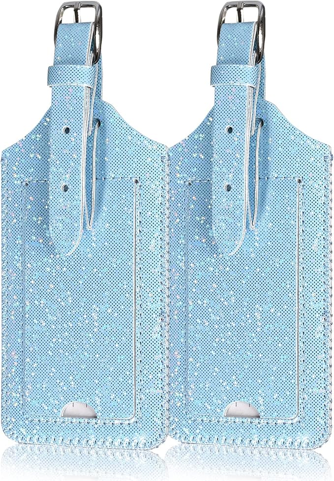 ACdream Luggage Tags 2 Pack, Leather Suitcase Tags Identifiers, Cute Cruise ID Labels with Privacy Cover fits on Backpack, Travel Bag, for Women, Men, Adults, Kids, Sky Blue Glitter