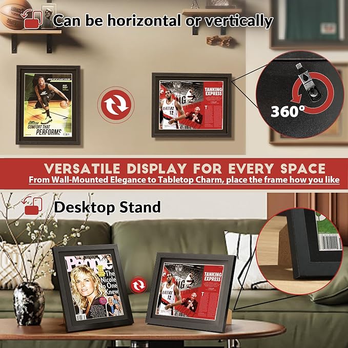 JupDec Sports Magazine Frame 2 Pack, Premium Wood Display Case for 8" x 10.5" Magazines, Wall Mount or Tabletop Stand, Layered Design with Positioning Mat, Perfect for Sports, Fashion & Home Decor