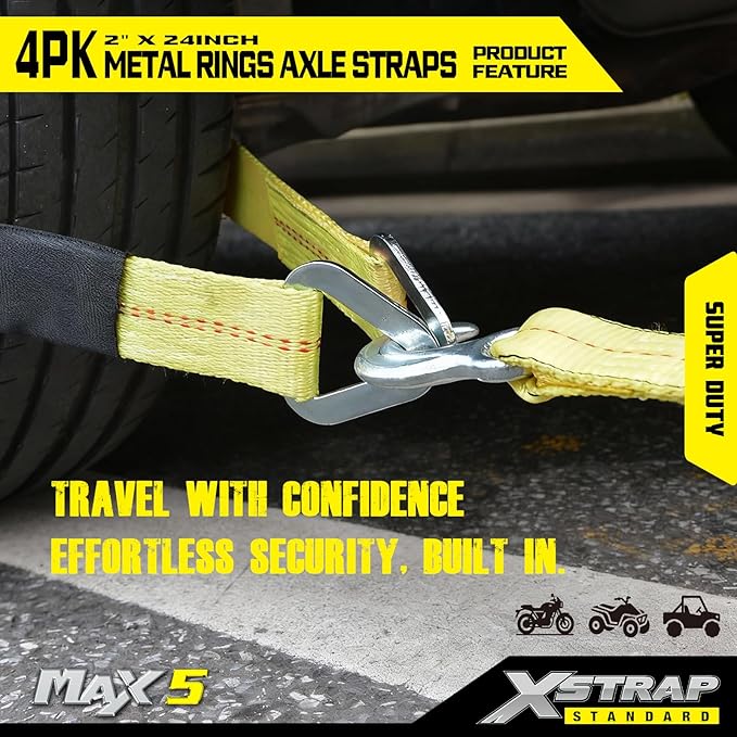 XSTRAP STANDARD 4 Pack of 24 x 2" Axle Strap with Protective Sleeve and D-Ring for Securing Car Transport, Axle Tie Down Straps - 3333 Lb. Capacity 10,000 Breaking Strength