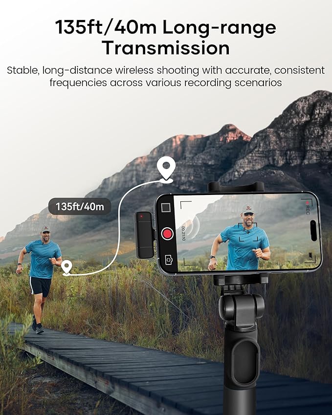 Wireless Lavalier Microphone with Charging Case, 36H Battery Life, Noise Cancellation, 135ft Range, Plug-and-Play Clip-On Mic for iPhone, iPad, Android, YouTube, Vlog, Live Streaming