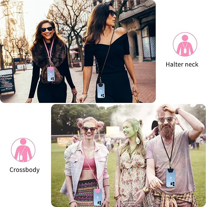 CACOE Phone Lanyard 2 Pcs-2 Pcs Adjustable Neck Strap, 4 Pcs Patches, Universal Crossbody Multifuctional Cell Phone Lanyards Compatible with Most Smartphones(Black+Bright Pink)