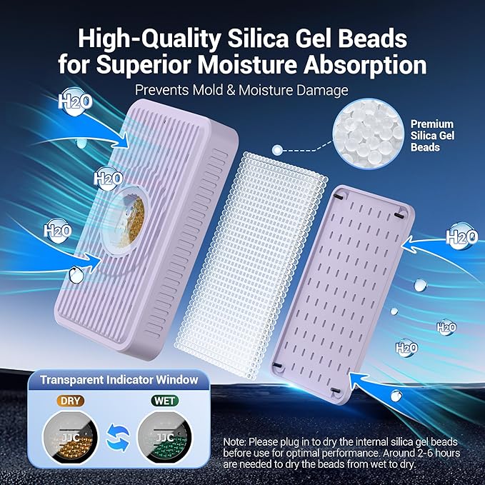 Auto Power-off USB C Rechargeable Cordless Dehumidifier Desiccant,Electric Moisture Damp Rid Silica Gel Packets for Storage Totes Jewelry Display Cabinet Guitar Case Drawer Photo Album Document-Purple