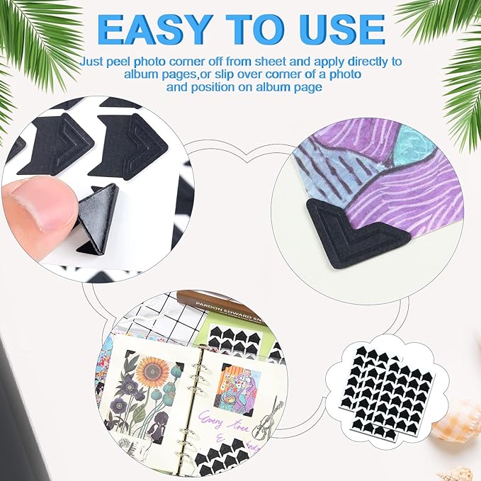 1200 Pcs Photo Corners Self Adhesive Black Picture Corners for Scrapbooking Stamping Supplies DIY Scrapbook Stickers Album Diary Personal Journal Diary Organizer Memory Book Picture Frames