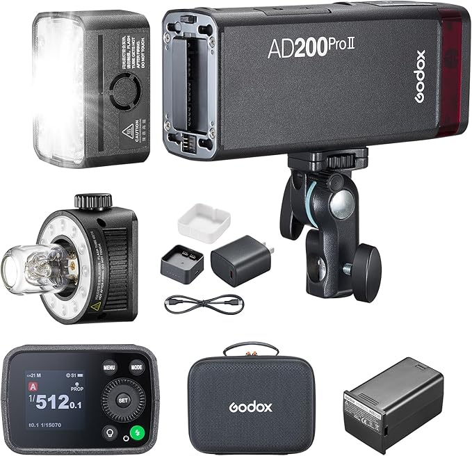 Godox AD200 Pro II TTL HSS Pocket Flash Strobe Kit, 2.4G 200Ws 500 Full Power Flashes, 0.01~1.8s Recycle Time, 2980mAh Battery, Upgrade Bare Bulb & Speedlite Fresnel Flash Head