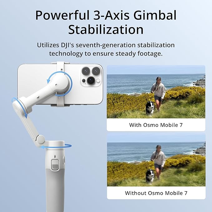DJI Osmo Mobile 7 Gimbal Stabilizer for iPhone, Android, Built-in Tripod, Portable Stabilizer for iPhone, Selfie Stick, 3-Axis Phone Gimbal, ActiveTrack 7.0, One-Tap Edit, 10hrs Use, Phone Charging