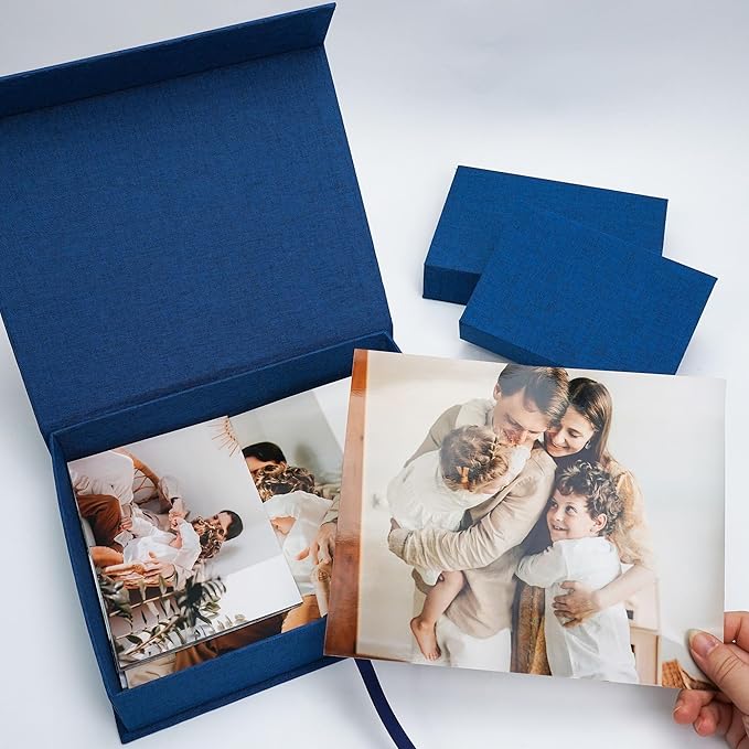Vienrose Linen 8" x 10" Photo Cases and Postcard Keeper Storage Container Box 1Pcs for Photo, Postcard, Decorative Paper, Navy Blue