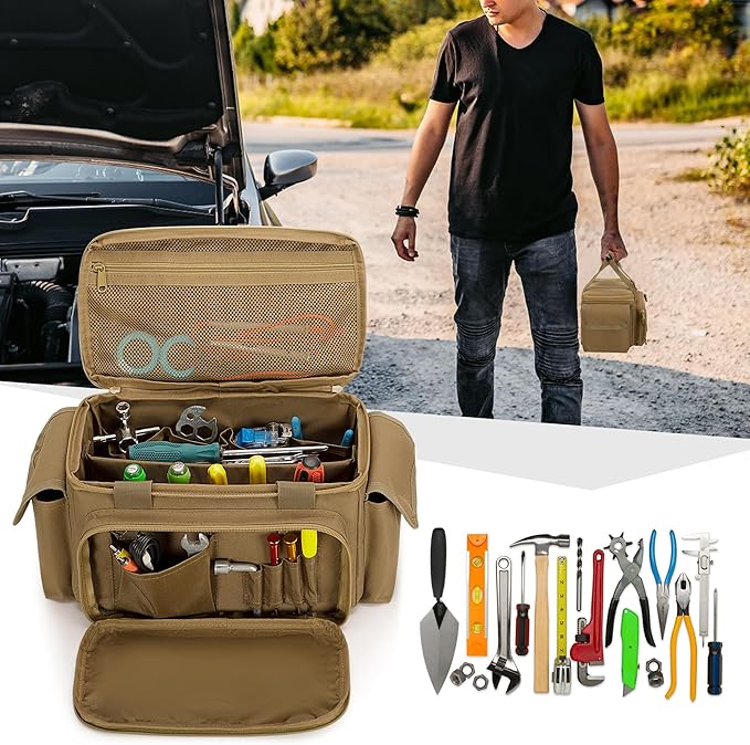 Small Tool Bag with Anti-friction and Thick Padded Bottom, Tool Storage Organizer for Men, Tactical Bag, Range Bag, Multi-functional Work Tote for Repairman, Electrician, Carpenters (Khaki)