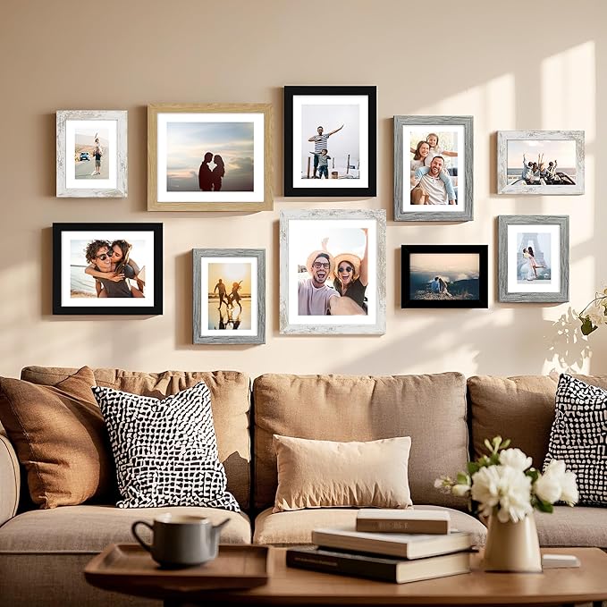 7x10 Picture Frame Set of 4, Made of Real Glass and Distressed White Frame - Display 5.5 x 8.5 Diploma Frame with Mat or 7x10 Without Mat, 7 by 10 Photo for Wall or Tabletop