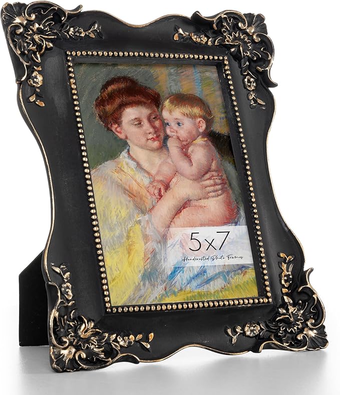 Axeman Vintage Picture Frames 5x7 | 5 x 7 Antique Picture Frame with Real Glass | Ornate 5x7 Picture Frame for Wall & Tabletop Display | Retro Black Gold 5 x 7 Photo Frame - Black