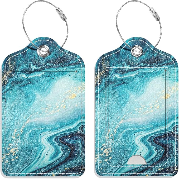 Luggage Tags for Suitcase, 2 Pack PU Leather Travel Cruise Luggage Tag with Privacy Flap, Name ID Label and Metal Loop for Women Men Girls Suitcase Baggage Bag Backpack Instrument, Teal Marble