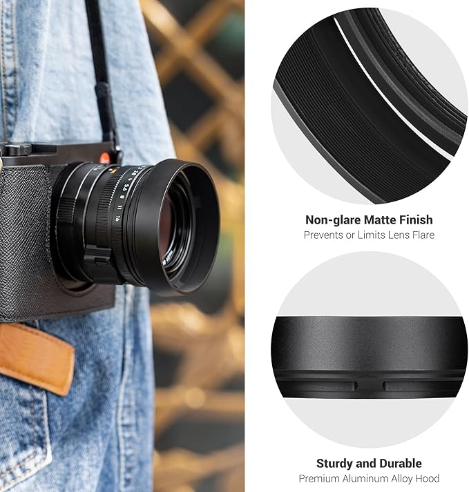JJC Metal Lens Hood Shade for Leica Q3 43/Q3/Q2/Q Cameras, Replaces Leica Round Lens Hood Q, with 49mm Center Pinch Snap-On Lens Cap, No Vignetting