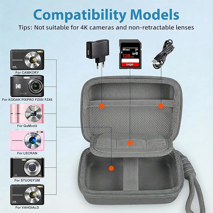 Digital Camera Case for CAMKORY/KODAK PIXPRO FZ45/FZ55/Canon IXUS 285 HS/AbergBest/Sony DSCW800/DSCW830 - Small Travel Compact Camera Holder with Mesh Pocket for SD Card & Accessories (Dark Gray)