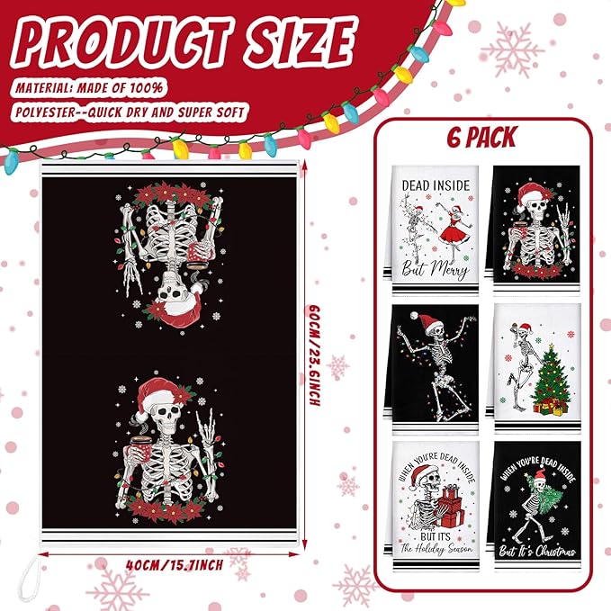 Preboun 6 Pcs Gothic Christmas Kitchen Towels Black and White Dish Cloth Xmas Skeleton Hand Towels Decorative Farmhouse Tea Cloth Absorbent for Holiday Kitchen Bathroom Decor