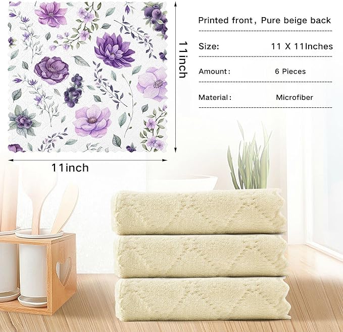 CaTaKu Purple Floral Watercolor Microfiber Cleaning Cloths Kitchen Dish Cloth Dish Rags for Washing Dishes, Reusable Dish Towels Washcloths for Kitchen Drying,6 Pack