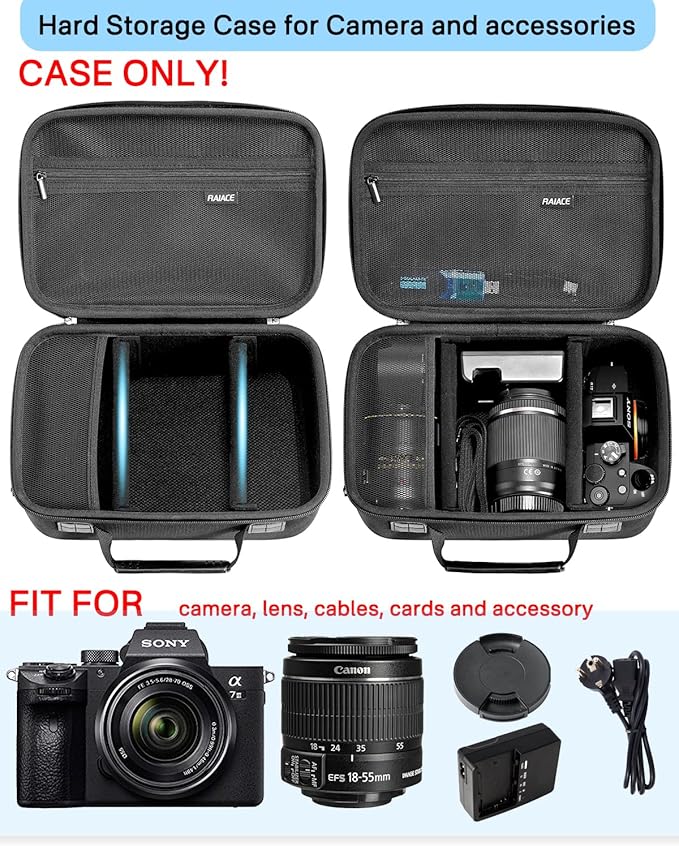 RAIACE Hard Case Compatible with Sony Alpha 7 II III IV/7R V Camera, for Nikon, for Canon, for Pentax and More.Large Capacity With Mesh Pocket for Lens, Charger, Cables, Cards and Accessories.-Black