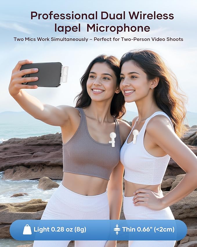 Wireless Microphone for iPhone iPad and Android Phone, 2 Pack Wireless Lavalier Lapel Mic with Noise Reduction, Plug and Play Mini Microphone for Video Recording Interview YouTube TikTok Vlog (White)