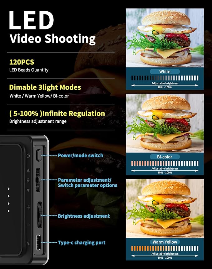 POVODO120LED Phone Light Clip:Selfie Light for iPhone, Adjusted3 Lighting Modes, 3000mah,2500k-2900K, CRI95+, Lighting for Video Recording, for Camera Light,Use for TikTok, Vlog,Meeting
