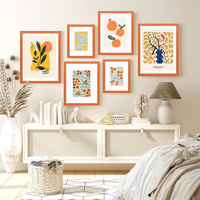 KINLINK 11x14 Picture Frame Orange, Solid Wood Frames with Acrylic Plexiglass for Pictures 5x7/8x10 with Mat or 11x14 without Mat, Tabletop and Wall Mounting Display, Set of 4