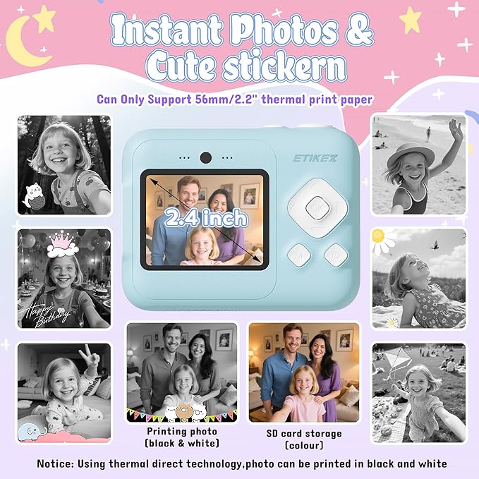 ETIKEZ Kids Camera, 1080P Instant Digital Print Camera for Kids, Christmas Birthday Gifts for 4 5 6 7 8 9 10 Year Old Girls Boys, Portable Toy with 32GB SD Card & 3 Rolls Printing Paper, Blue