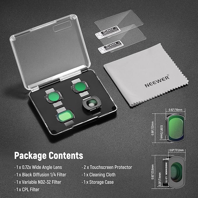 NEEWER Magnetic ND Filter Set Compatible with DJI Osmo Pocket 3 Creator Combo Accessories, Variable ND2-32 Black Mist Diffusion 1/4 CPL 0.72x Wide Angle Lens, HD Optical Glass + 2X Screen Protector