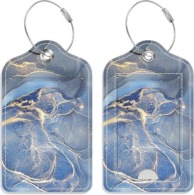 Luggage Tags for Suitcase, 2 Pack PU Leather Travel Cruise Luggage Tag with Privacy Flap, Name ID Label and Metal Loop for Women Men Suitcase Baggage Bag Backpack Instrument, Gray Gold Marble
