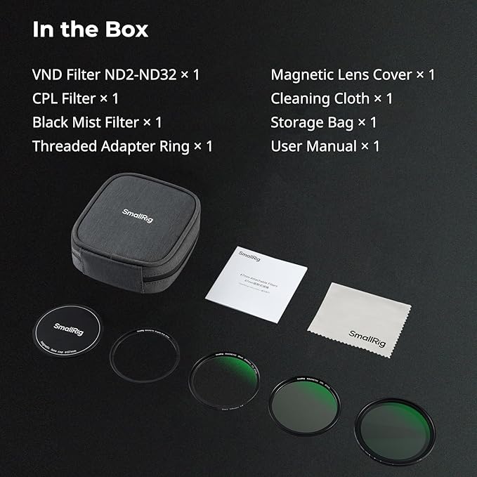 SmallRig 5-in-1 Magnetic 67mm Lens Filter Kit: VND + CPL + Black Mist 1/4 + Threaded Adapter Ring + Magnetic Lens Cover + Storage Bag + Cleaning Cloth, Magnetic Filter Set for Phone Camera Lens - 4726
