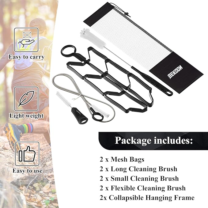 Feekoon Reservoirs Backpack Accessories Hydration Bladder Cleaning Kit with Flexible Long Brush for Hose, Small Bite Valve and Big Brush, Drying Collapsible Bladder Frame, Carrying Pouch