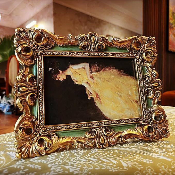 CISOO 4x6 Vintage Picture Frame Antique Ornate Green and Gold Photo Frame, for Table Top and Wall Display, Decorative Floral Design Retro Home Decor, Photo Gallery Art
