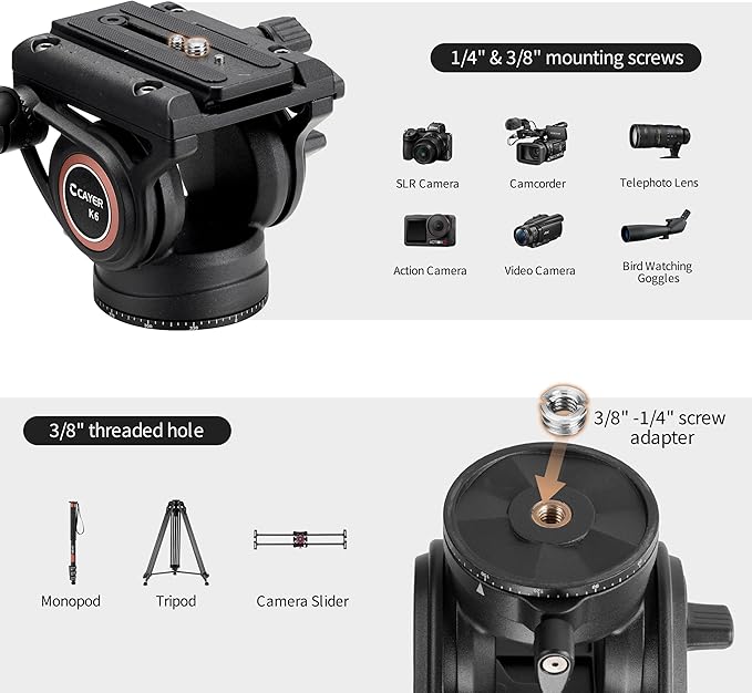 Cayer K6 Fluid Head, Metal Camera Tripod Head with Adjustable Pan Handle, Heavy Duty Video Tripod Pan Tilt Head for Video Cameras, DSLR Cameras, Telescope,Tripod, Monopod, up to 17.6 lbs