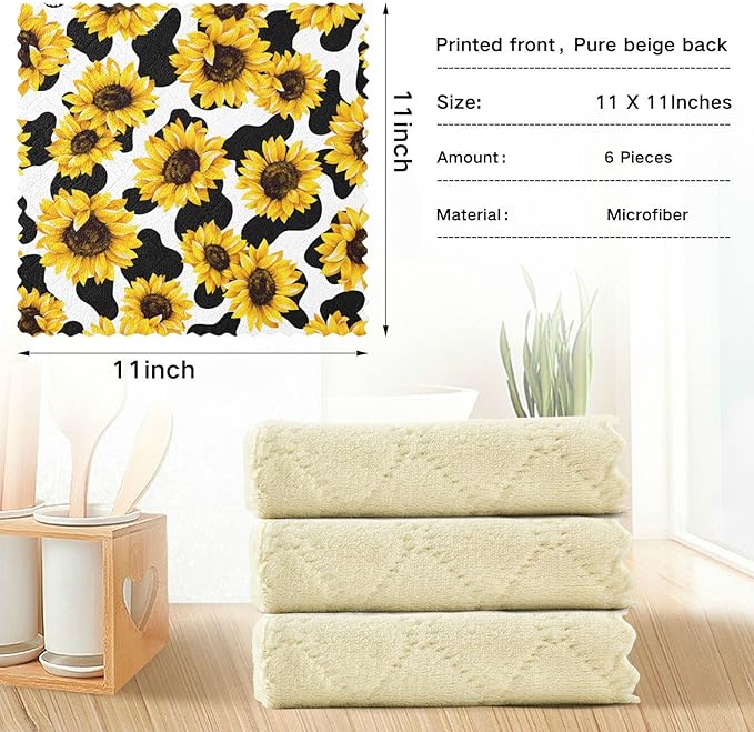 CaTaKu Sunflower Cow Kitchen Dish Cloths for Washing Dishes Reusable Cleaning Cloth Dish Towels Microfiber Washcloths Dish Rags for Kitchen, 6 Pack