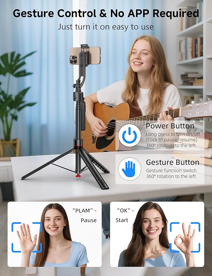 69'' Auto Face Tracking Selfie Stick Tripod Stand, Automatic Phone Tripod, Auto-Open Travel Tripods for iPhone/Cell Phone with Remote, Gesture Control, No App, Built-in AI Camera for Vlog Recording TK