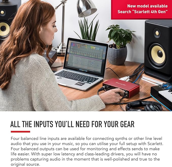 Focusrite Scarlett 4i4 3rd Gen USB Audio Interface for Recording, Songwriting, & Streaming — High-Fidelity, Studio Quality Recording, with Transparent Playback
